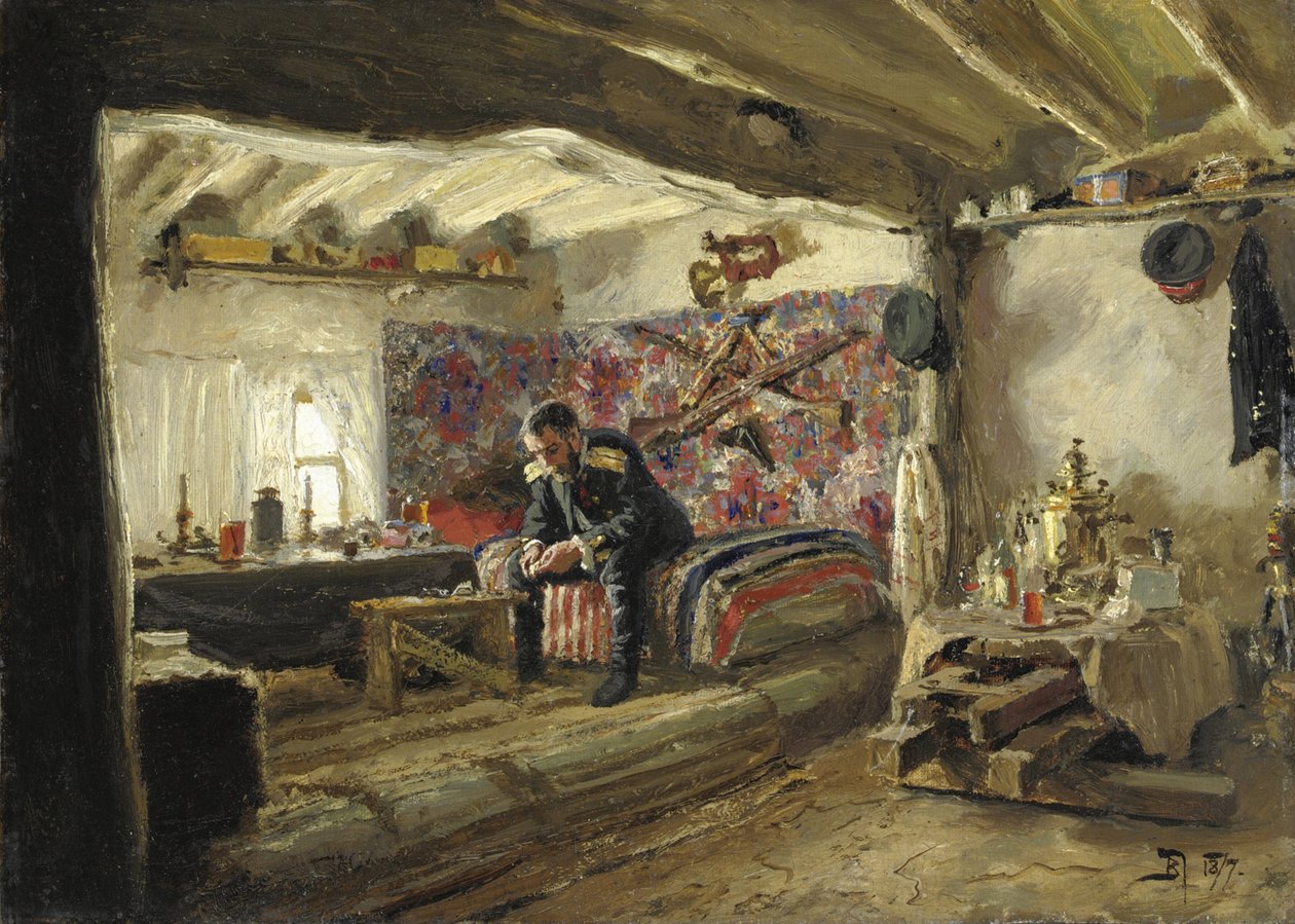 Rushchuk Tsesarevich Aleksander Aleksandrovichin Rushchuk-rykmenttien päämaja Brestovetsissa, tekijältä Vasilij Dmitrievich Polenov