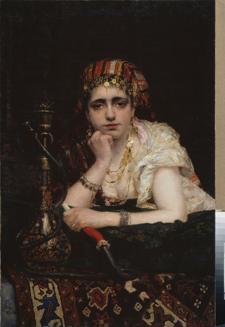 Odaliskki. (Muotokuva haareminaisesta, melankolinen katse, vesipiippu kädessään). Vasili Dmitrievich Polenovin (1844-1927) maalaus öljy kankaalle. 1800-luvun venäläinen taide, orientalismi. Valko-Venäjän tasavallan kansallinen taidemuseo, Minsk (Bieloru tekijältä Vasilij Dmitrievich Polenov