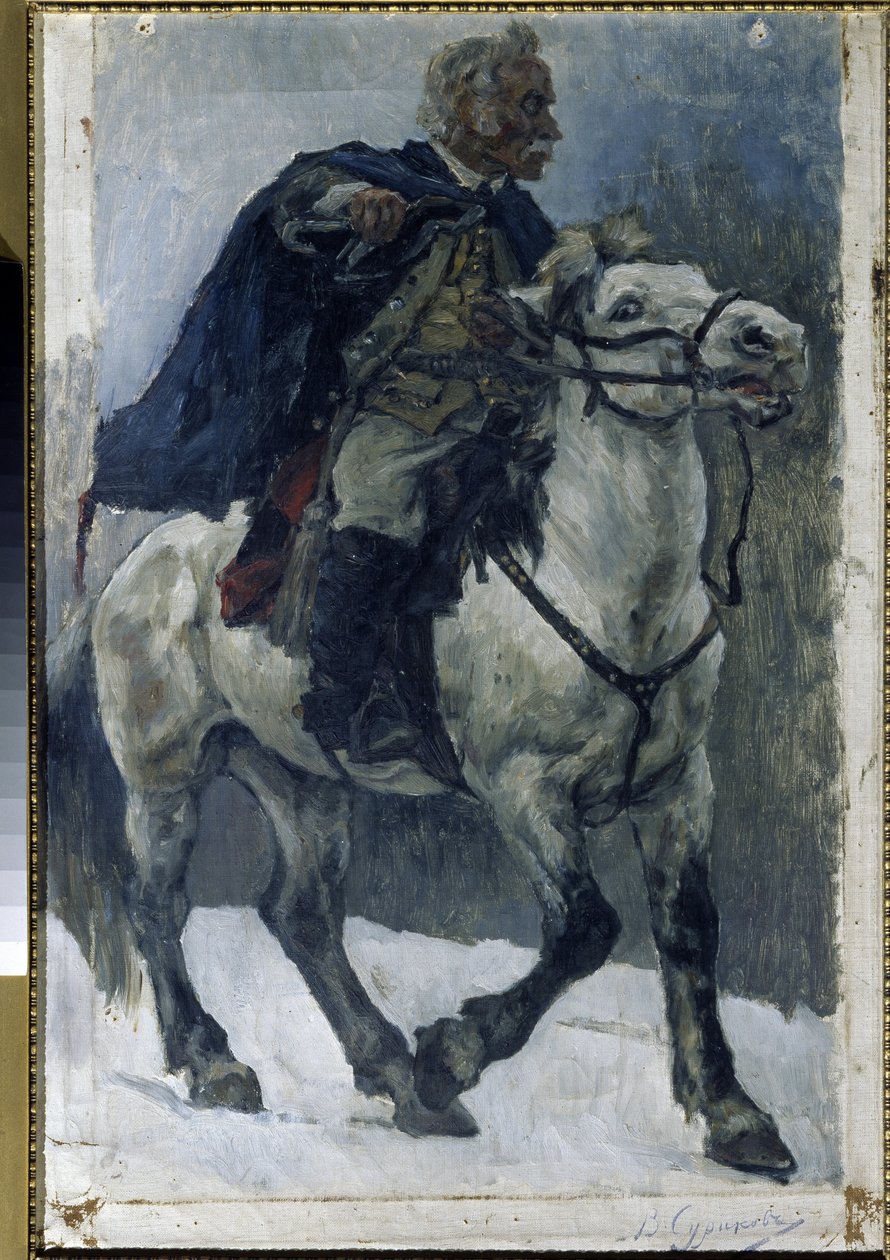 Aleksanteri Suvorov (1729-1800) hevosen selässä. (Aleksandri Suvorov hevosen selässä). Venäläistä sankaria kuvataan, kun hän ylittää Alpit venäläisten joukkojen kärjessä Italian kampanjan aikana (1799-1800). Maalaus Vasilli Ivanovich Surikov (Vasily Surik tekijältä Vasilij Ivanovic Surikov