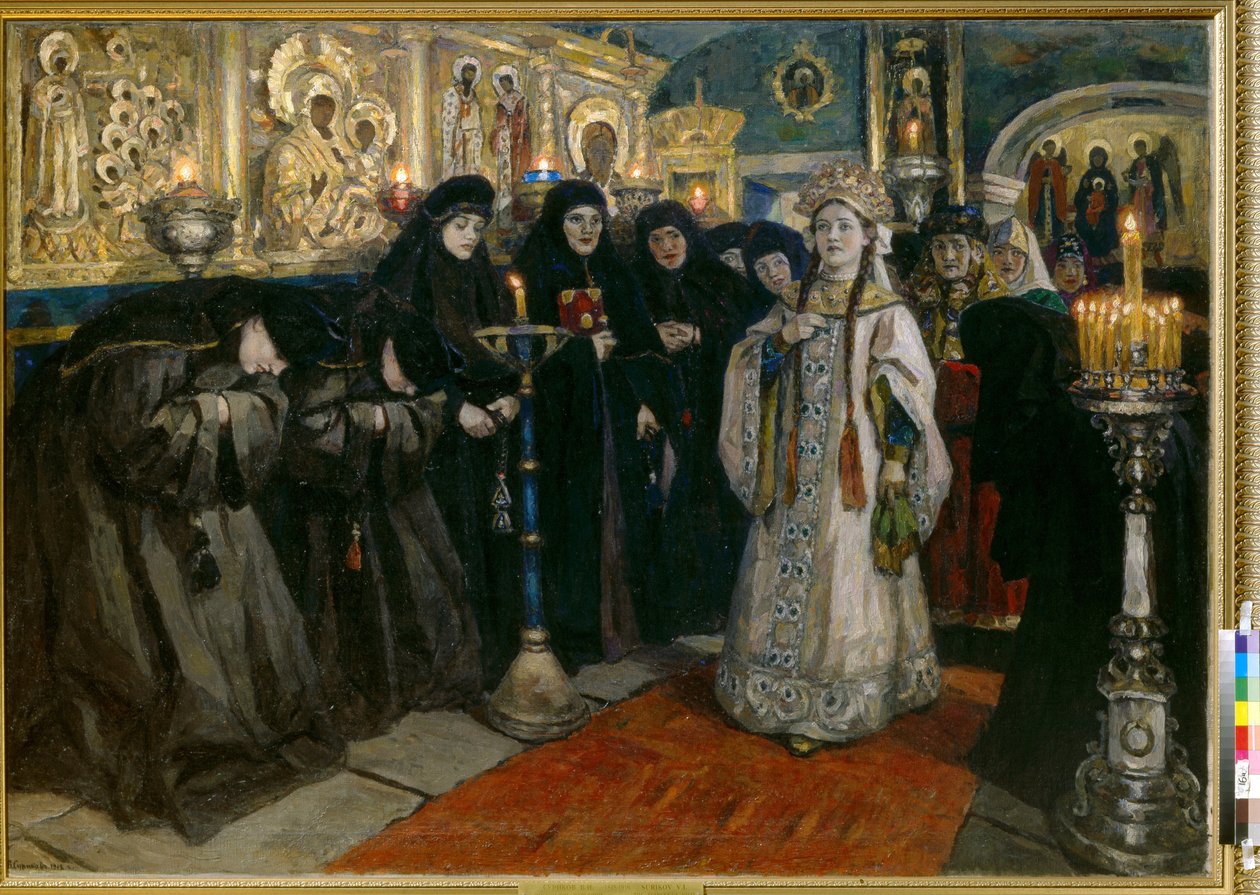 Suurherttuatar vierailee luostarissa. (Tsarevna vieraili nunnaluostarissa). Maalaus Vasilli Ivanovich Sourikov (Vasily Surikov tai Vasily Surikow) (1848-1916), öljy kankaalle tekijältä Vasilij Ivanovic Surikov