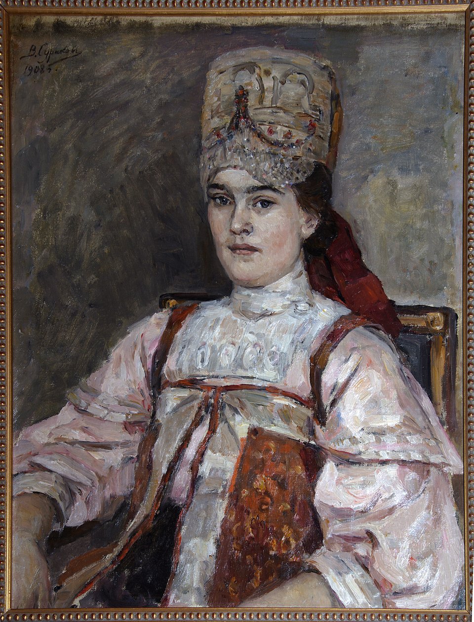 Natalia Fjodorovna Matvejevan muotokuva - Vasilli Ivanovitš Sourikov (Vasily Surikov ou Vassili Surikow) (1848-1916), huile sur toile (69x58 cm) 1908 - Natalia Fjodorovna Matvejevan muotokuva, Vaskovili Ivanovi Surikov, öljy tölkki tekijältä Vasilij Ivanovic Surikov