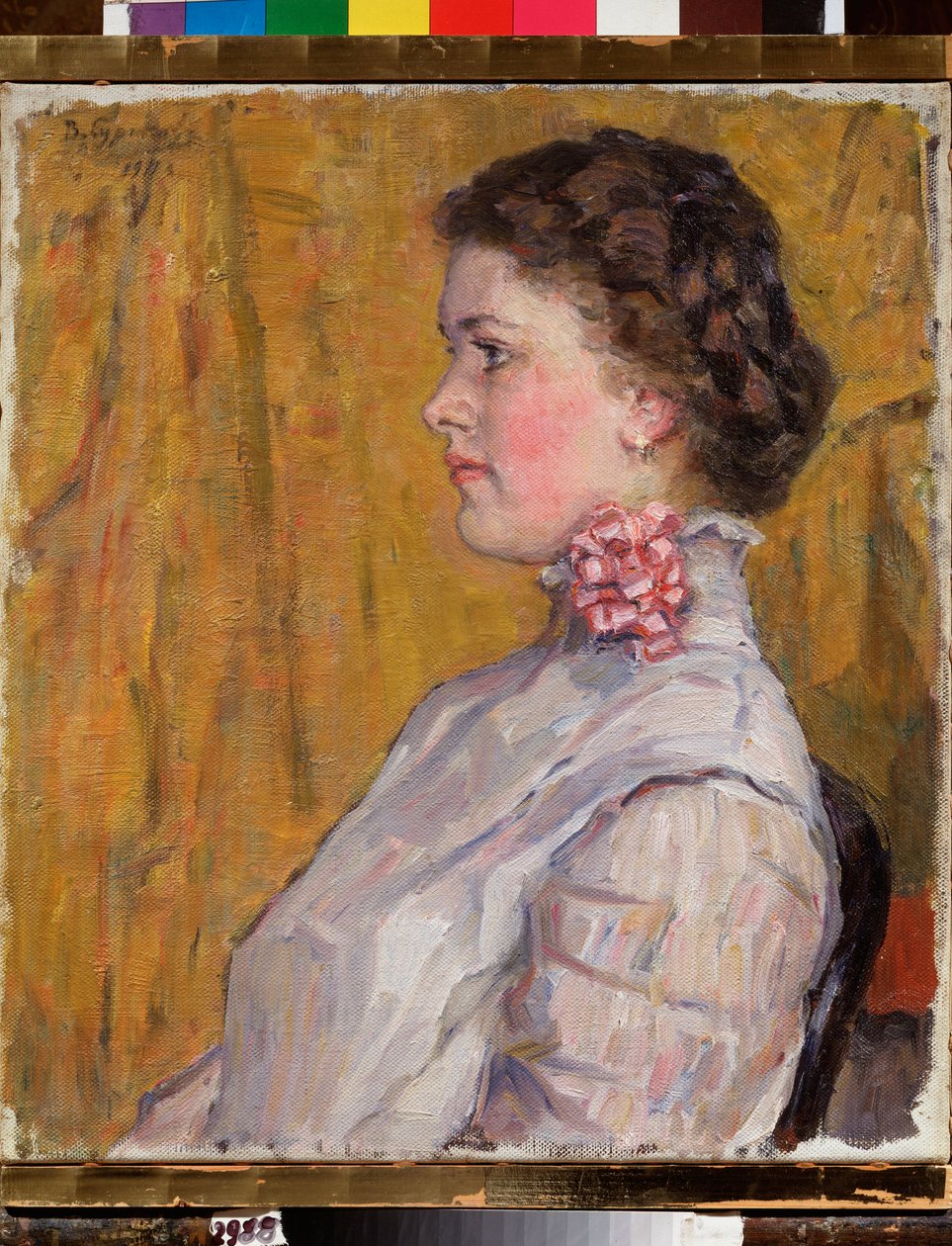 Naisen muotokuva keltaisella pohjalla (Naisen muotokuva keltaisella pohjalla) - Vasilli Ivanovich Surikovin maalaus (Vasily Surikov tai Vassili Surikow) (1848-1916), öljy kankaalle tekijältä Vasilij Ivanovic Surikov