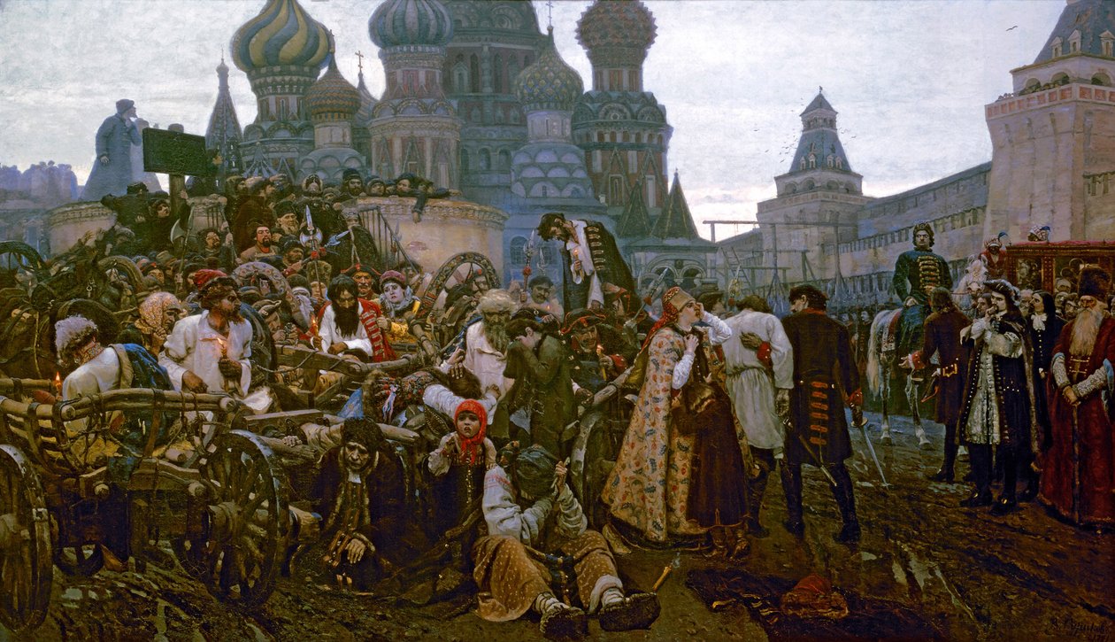 Streltsyn teloituksen aamu vuonna 1698, 1881 tekijältä Vasilij Ivanovic Surikov
