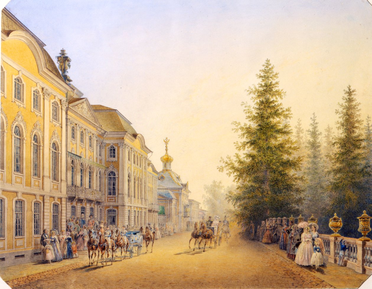 "Peterhofin suuren palatsin pääsisäänkäynti", 1852 tekijältä Vasilij Semenovic Sadovnikov