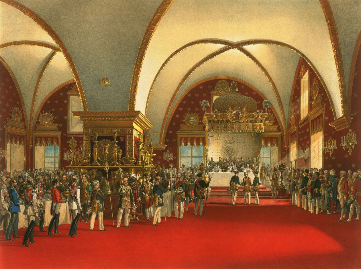 Tsaari Aleksanteri II: n kruunajaisjuhla (1856) kasvojen palatsin pääsalissa tekijältä Georg Wilhelm Timm