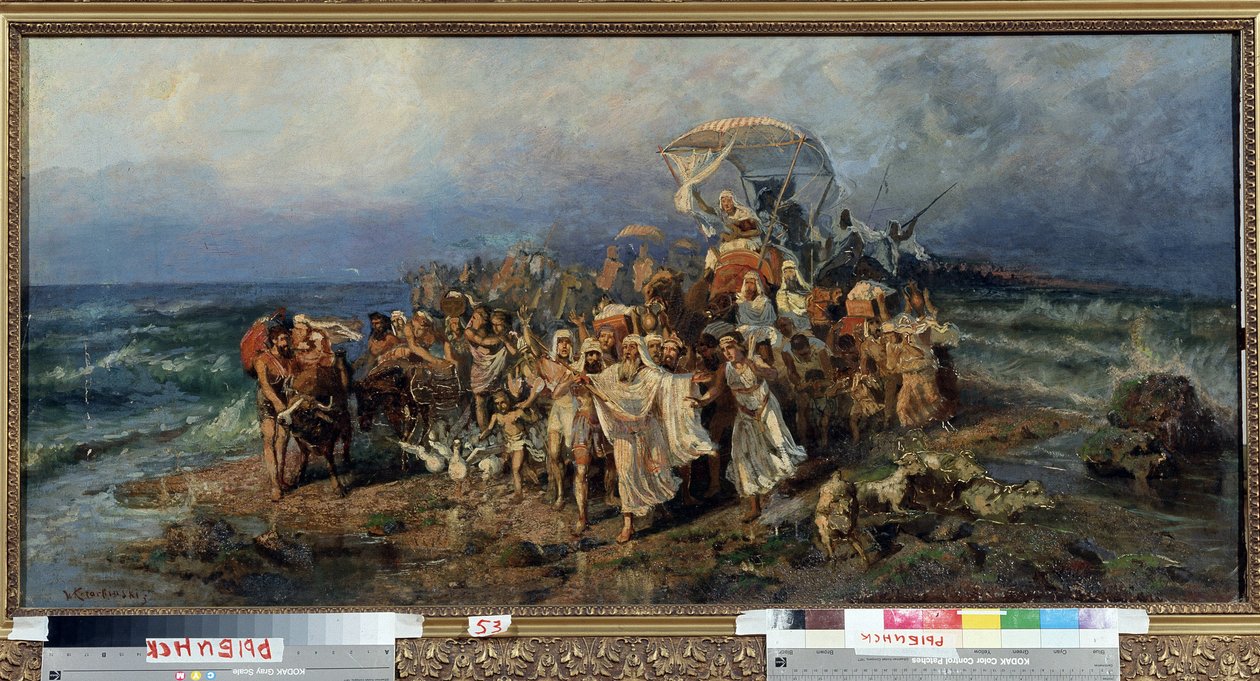 Israelilaiset ylittävät Punaisen meren. Episodi juutalaisten muuttamisesta Israelin maahan, pakenemassa orjuutta ja Egyptin faraon armeijoita. Vasily (Vasili, Vasilii, Wilhelm) Aleksandrovich Kotarin maalaus tekijältä Vasily Alexandrovich Kotarbinsky