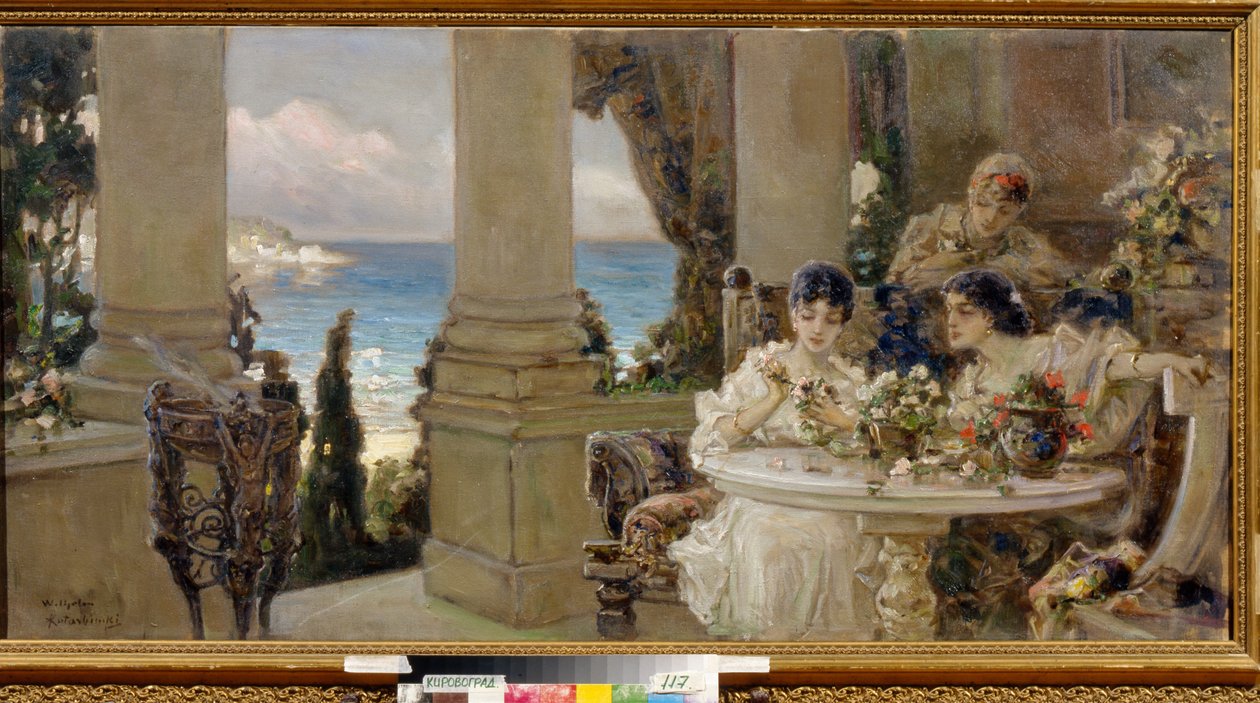 Sur la terrasse - Peinture de Vassili (Vasili, Vasilii, Wilhelm) Alexandrovich Kotarbinsky (Kotarbinski, Kotarbinskii) (1849-1921), huile sur toile - Terassilla, Vasili Aleksandrovich Kotarbinsky öljy kankaalle - Alueellinen taidemuseo, Kirovohrad tekijältä Vasily Alexandrovich Kotarbinsky
