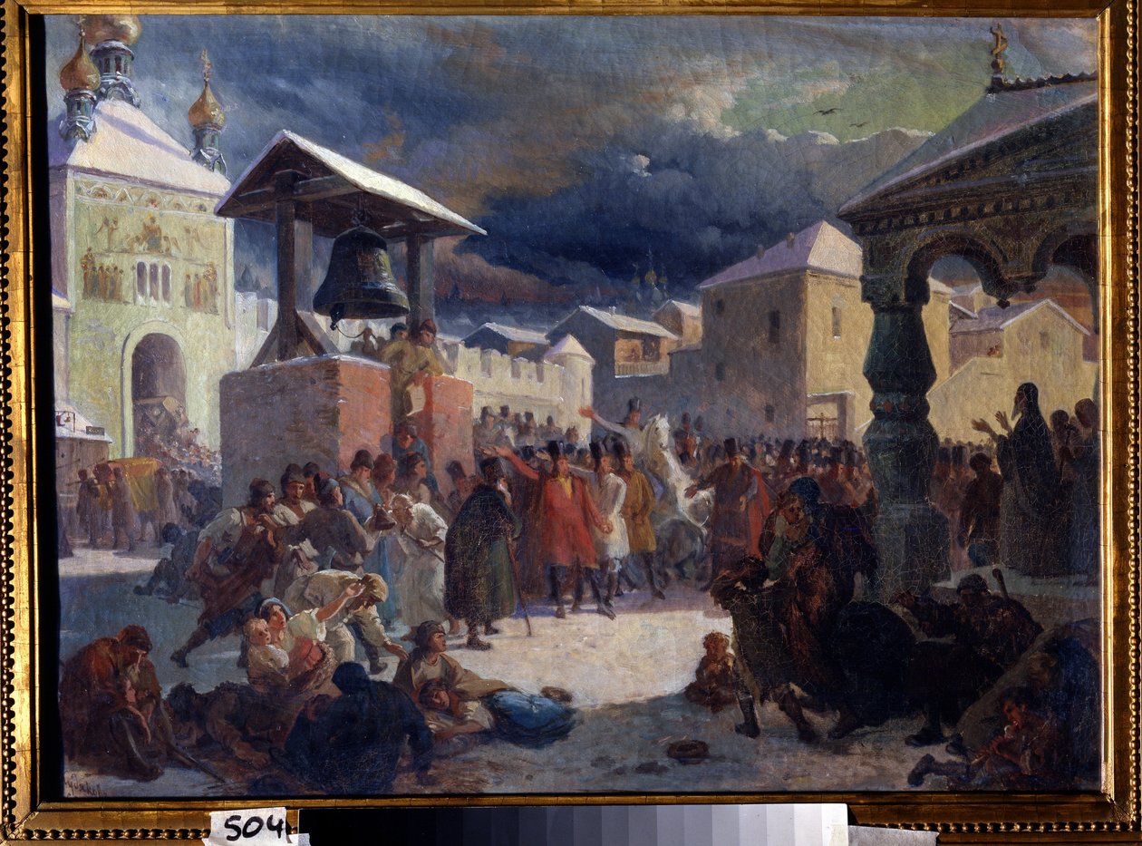 Veche (keskiaikainen slaavilaisten maiden kansankokous) Novgorodin tasavallassa (Veche Novgorodin tasavallassa). Vasili Grigorievich Khudyakov (1826-1871) maalaus. Öljy kankaalle tekijältä Vasily Grigorievich Khudyakov