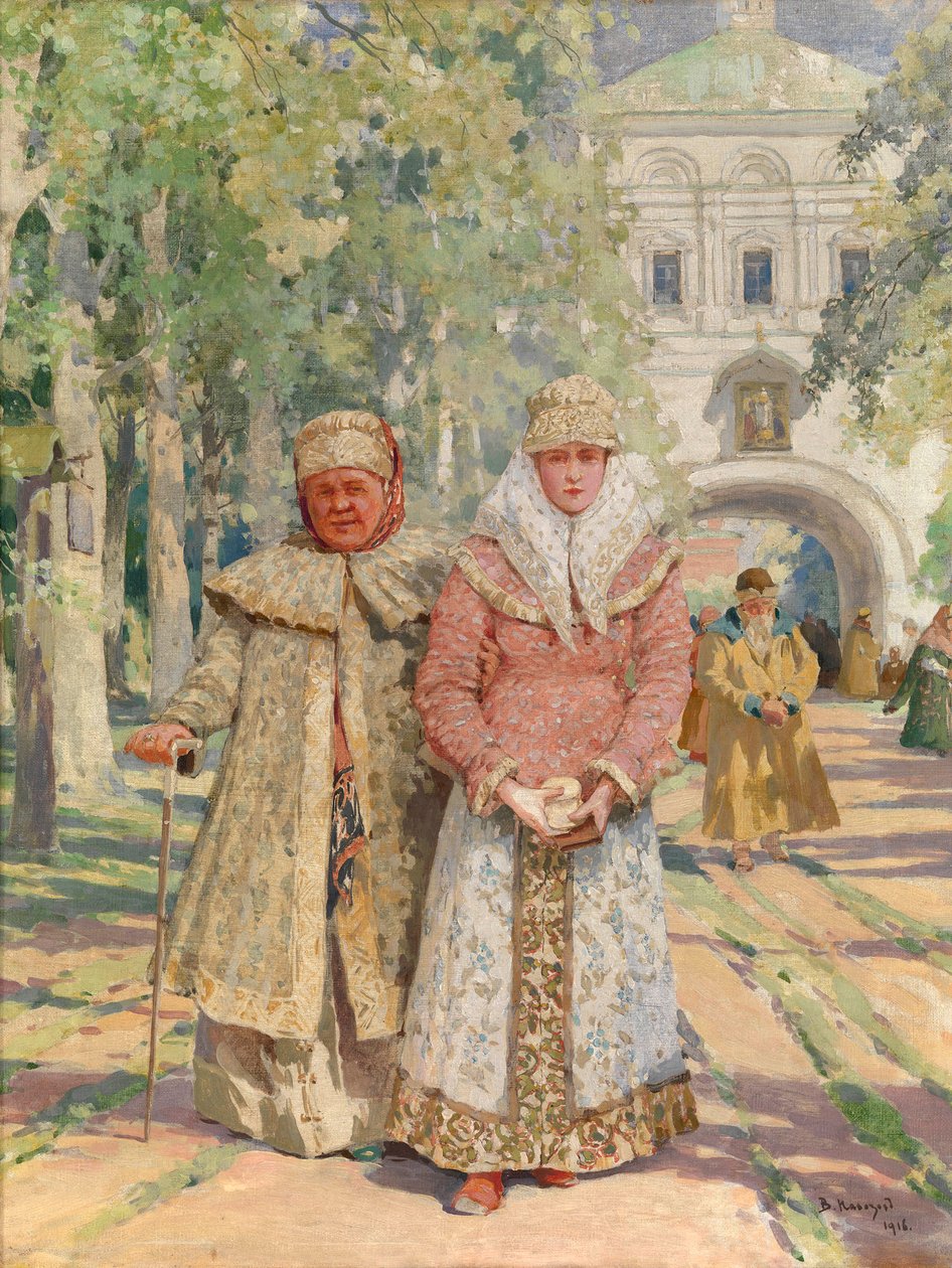 Fora de la porta del monestir - Pintura de Vasily Ivanovich Navozov (1862-1919), oli sobre tela (49x41,5 cm)finès tekijältä Vasily Ivanovich Navozov