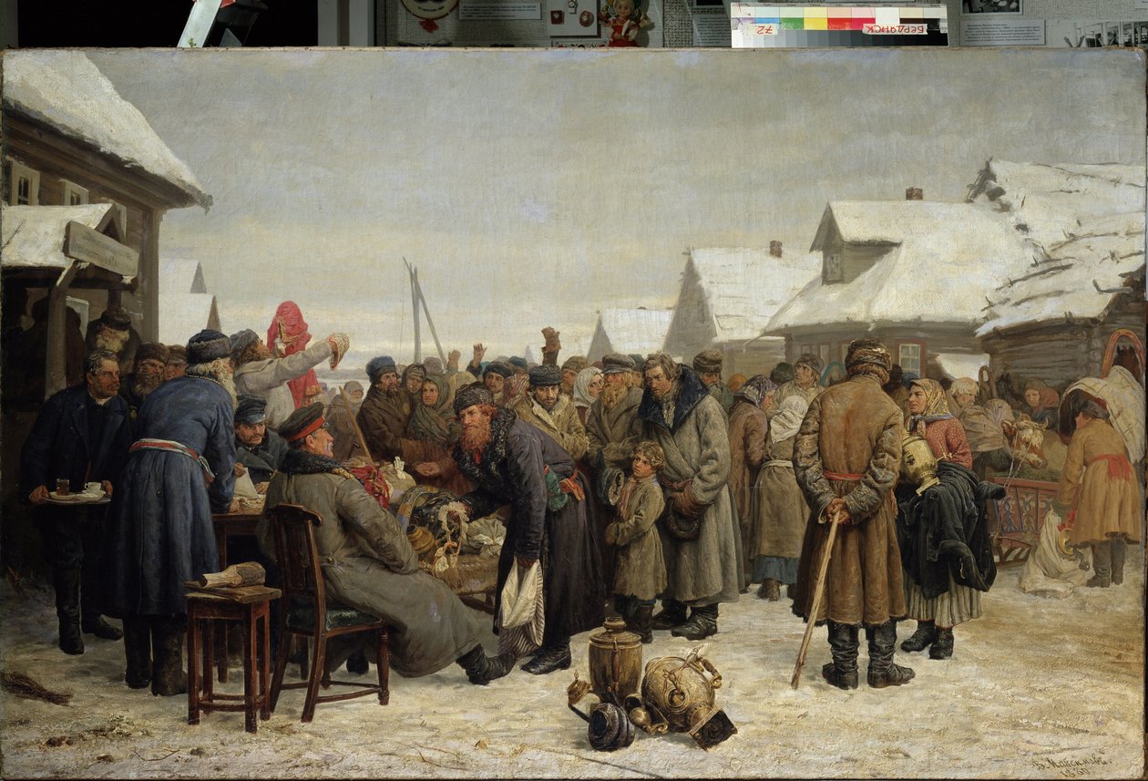 Velkarästien julkinen huutokauppa. (Julkaisen omaisuuden huutokauppa rästien varalta). Lumipeitteisessä maalaistalossa keskellä katua laitetaan myyntiin kodin esineitä. Virkamiehet järjestävät ja valvovat toimintaa tekijältä Vasily Maximov