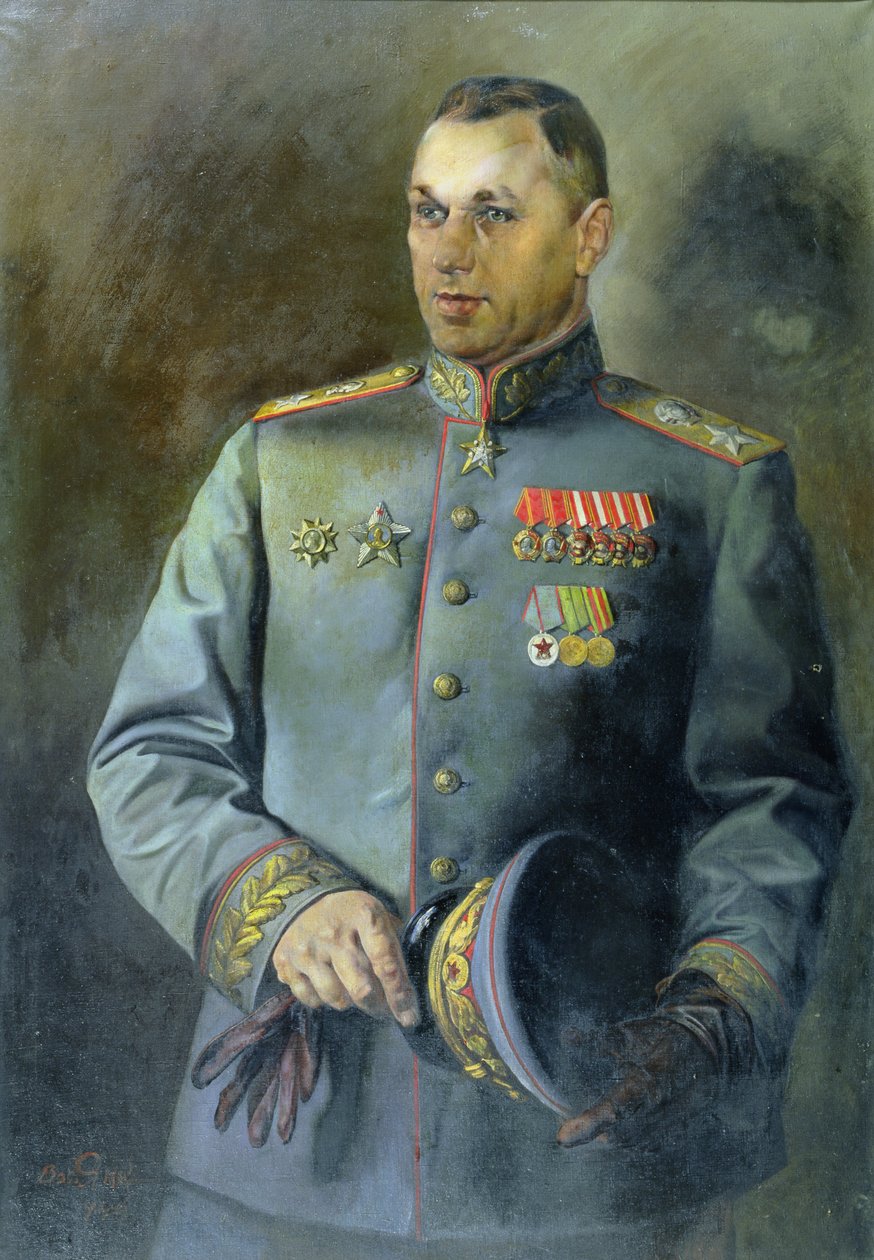 Muotokuva Neuvostoliiton ja Puolan marsalkasta Konstantin Rokossovskista (1896-1968). tekijältä Vassily Nikolayevich Yakovlev