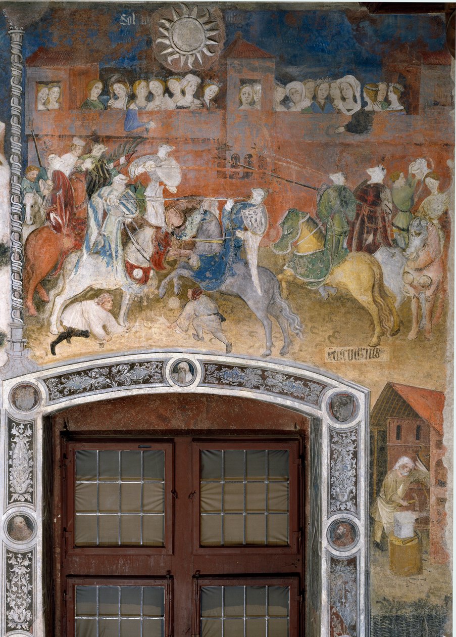 Helmikuu: ritariturnaus katsojien kanssa. Kuukausien mestarin tai mestari Venceslauksen maalaus (italiaksi Maestro dei Mesi tai Maestro Wenceslao, 1400-luvun alku) Marcello Fogolinon restaurointi noin 1535. Fresko. Trento, tekijältä Venceslao Maestro