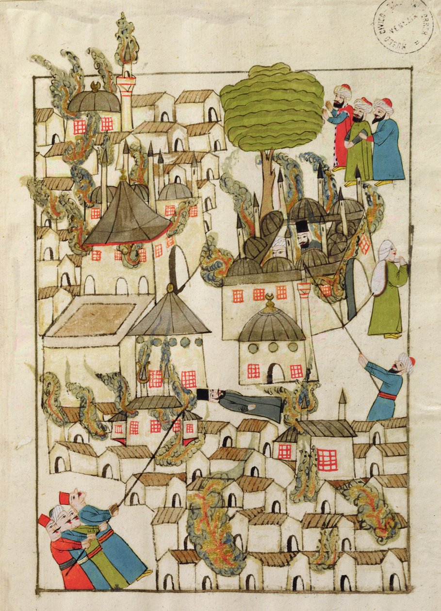 Ms. cicogna 1971, miniatyyri "Memory Turchesesta", joka kuvaa Konstantinopolin suurta tulipaloa vuonna 1660 tekijältä Venetian School