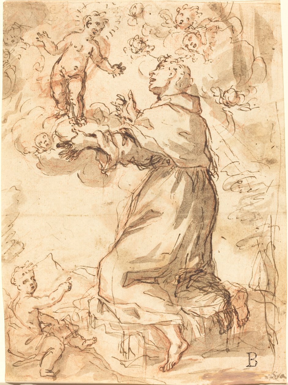 Kristus-lapsi ilmestyy Pyhälle Franciscukselle tekijältä Venetian 17th Century