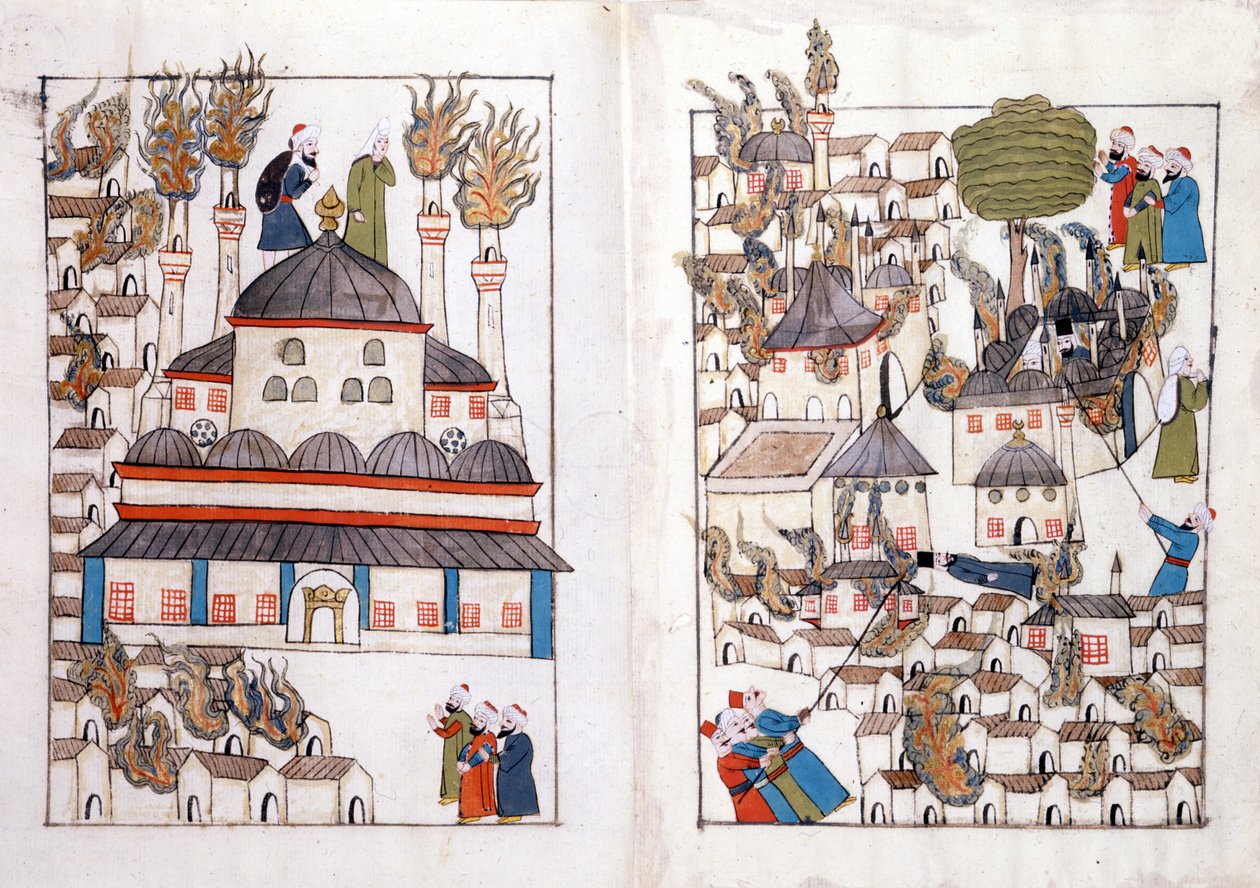 Tulipalo Konstantinopolissa vuonna 1660. Miniatyyri "" Turkin muistomerkeistä"" (codex Cicogna 1971 "Memorie Turchesche") Akvarelli 1600-luvun venetsialaisesta koulukunnasta. tekijältä Venetian School
