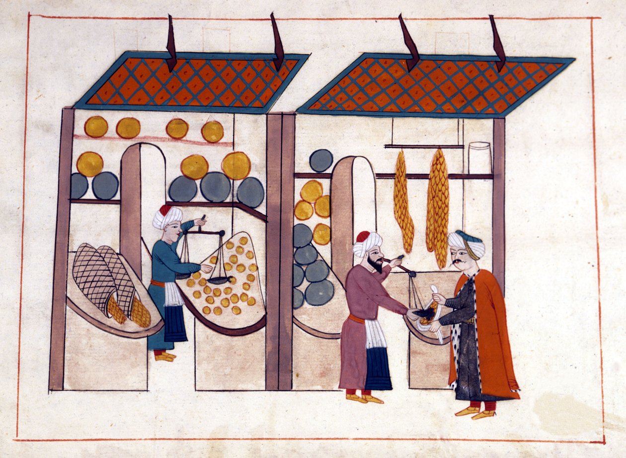 Hedelmä- ja vihanneskauppias (neljä vuodenaikaa) Konstantinopolissa, Turkissa ottomaanien valtakunnan alaisuudessa. Miniatyyri ""Turkkilaisista muistomerkeistä"" (codex Cicogna 1971 "Memorie Turchesche") Akvarelli 1600-luvun venetsialaisesta koulukunnasta. tekijältä Venetian School