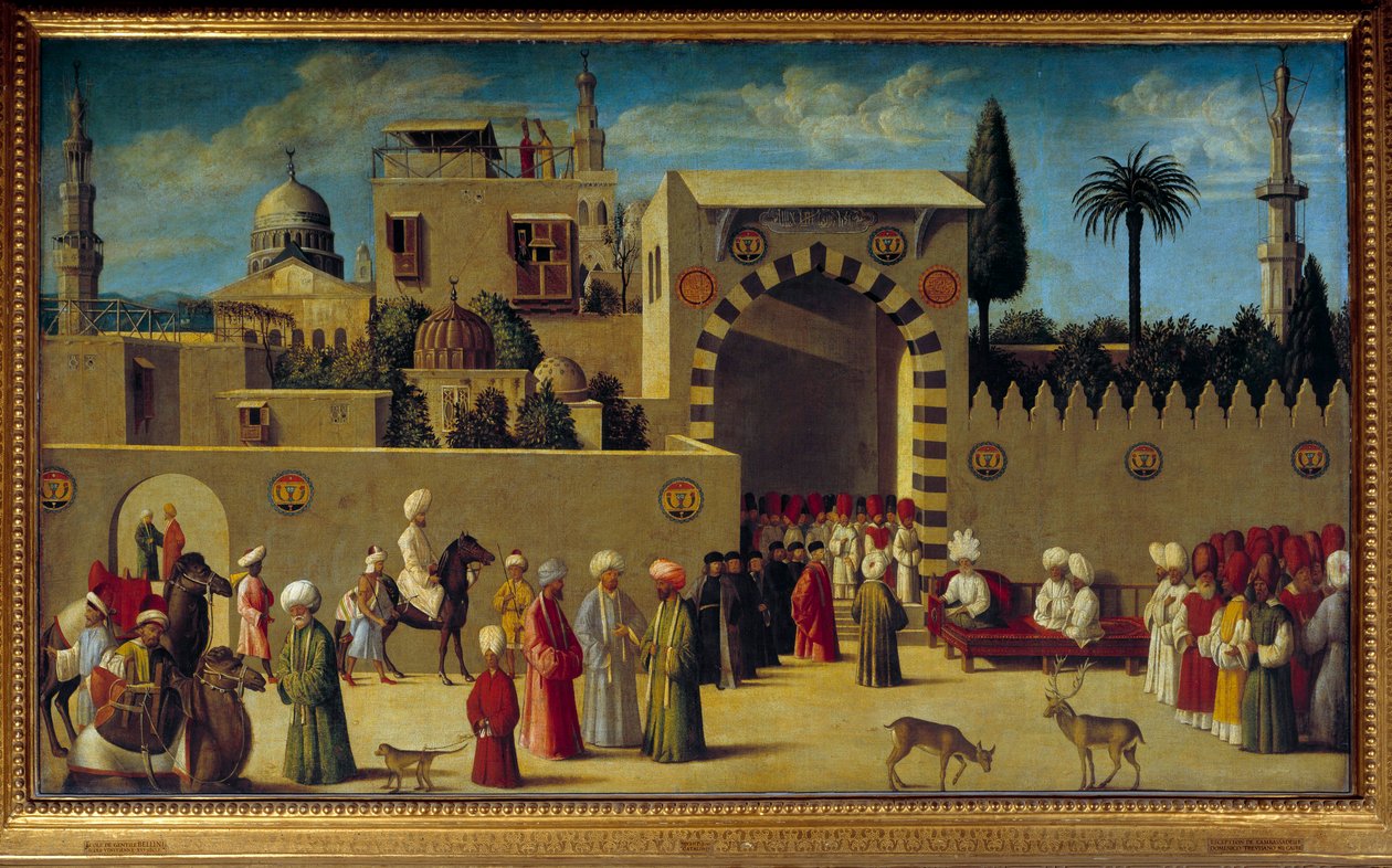 Venetsian Damaskoksen suurlähetystön yleisö 1500-luvun alun venetsialaisen koulun maalaus. Aurinko 1,75x2,01 m tekijältä Venetian School