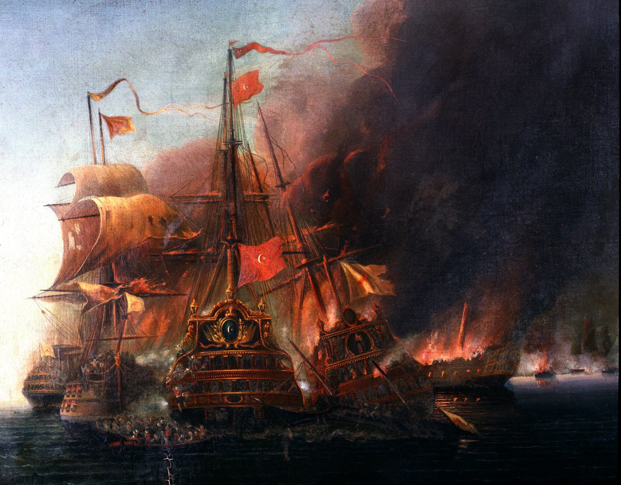 Taistelu ottomaanien ja venetsialaisten laivastojen välillä Famagustan edustalla Kyproksen piirityksen aikana vuonna 1570 1500-luvun venetsialaisen koulukunnan maalaus. Istanbul, laivastomuseo tekijältä Venetian School