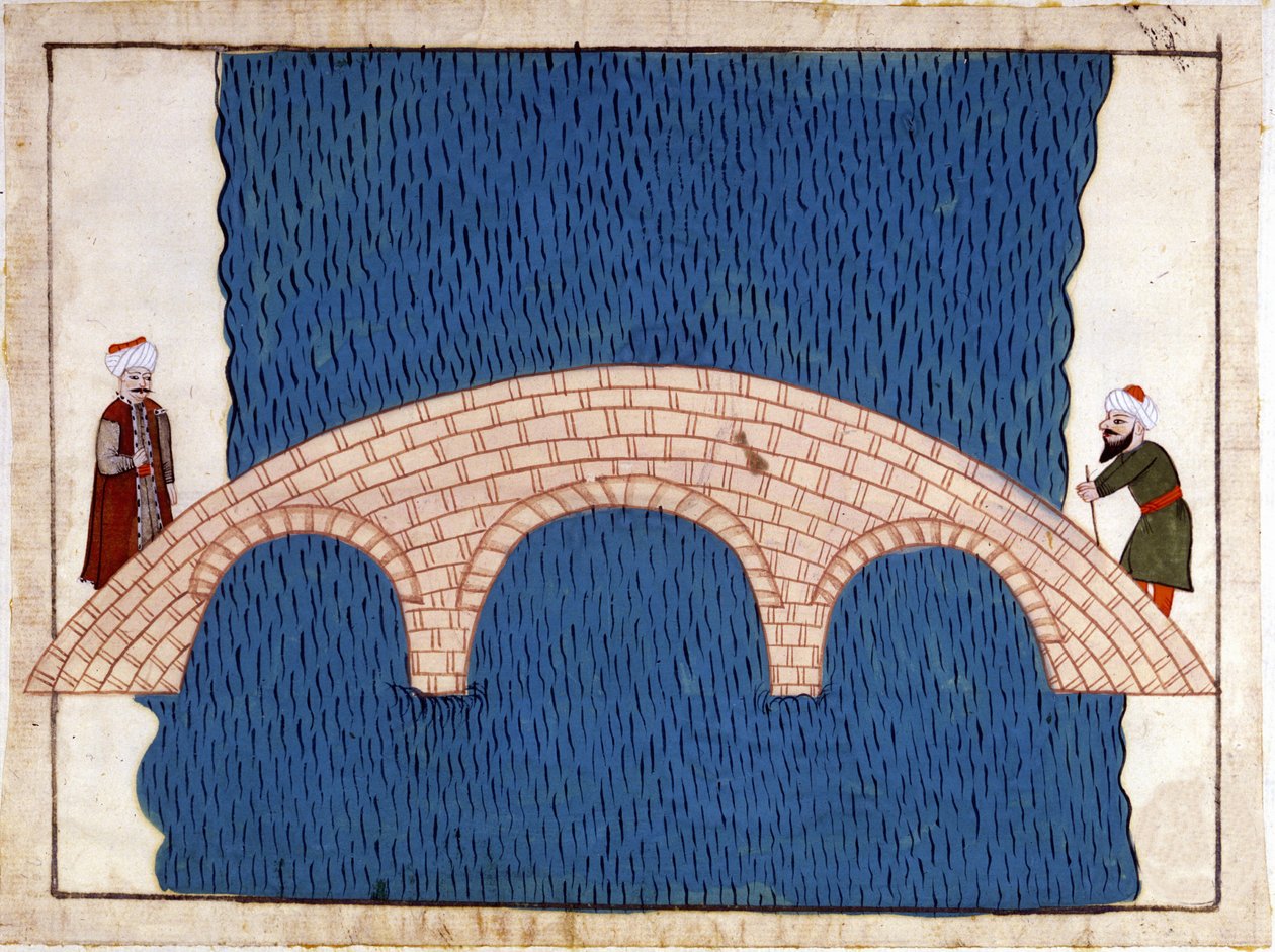 Konstantinopoli. Galatan silta. Miniatyyri ""Turkkilaisista muistomerkeistä"" (codex Cicogna 1971 "Memorie Turchesche") Akvarelli 1600-luvun venetsialaisesta koulukunnasta. tekijältä Venetian School