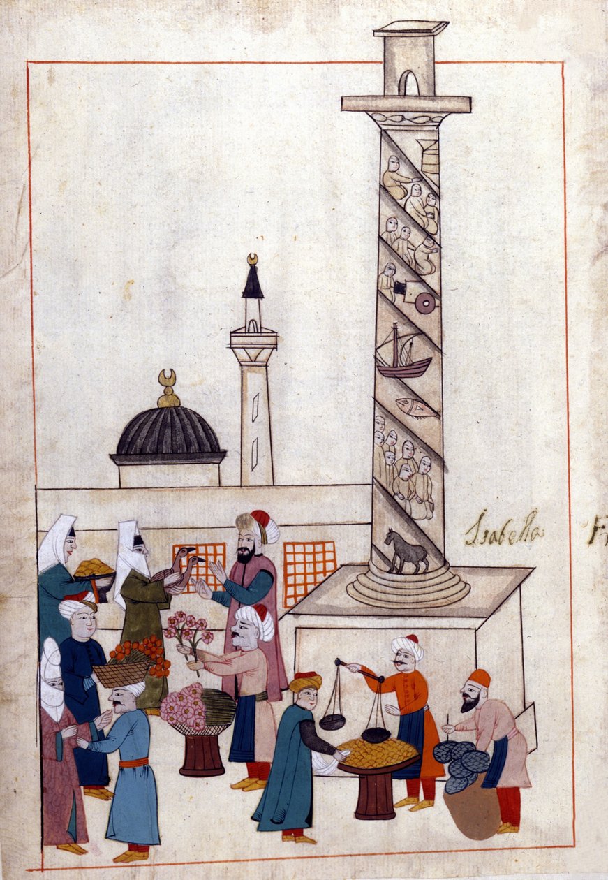 Konstantinopoli; basaari (tai kävelee) lähellä obeliskia. Miniatyyri ""Turkkilaisista muistomerkeistä"" (codex Cicogna 1971 "Memorie Turchesche") Akvarelli 1600-luvun venetsialaisesta koulukunnasta. tekijältä Venetian School