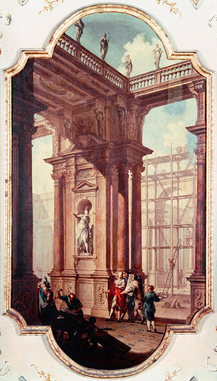 Huvilan rakennustyömaa Venetiellä Venetsian koulun maalaus. 1700-luvun Venetsian Galleria del Accademia tekijältä Venetian School