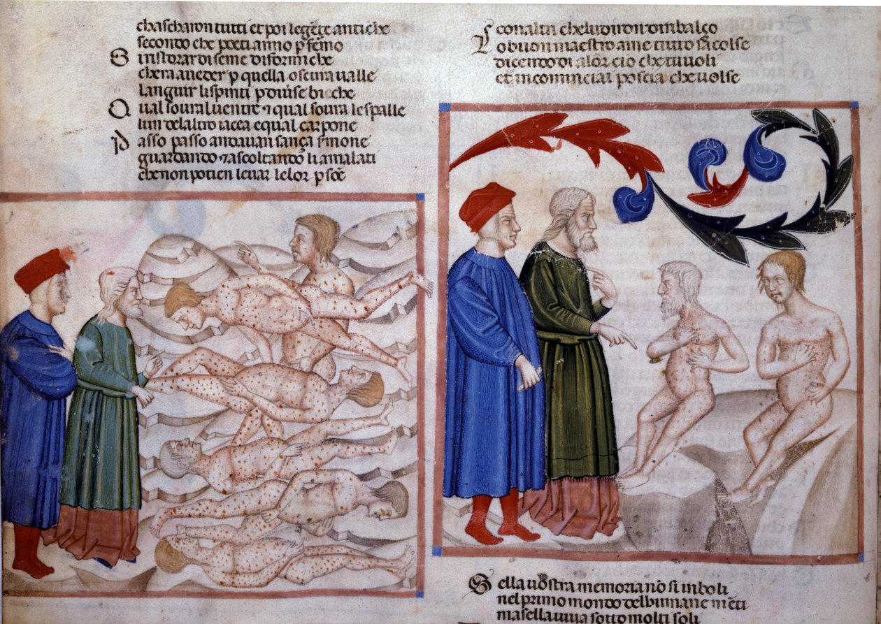 Dante ja Vergilius keskustelussa Arezzon Grifolinon ja Sienan Capocchion kanssa. 1300-luku (pienoiskuva) tekijältä Venetian School