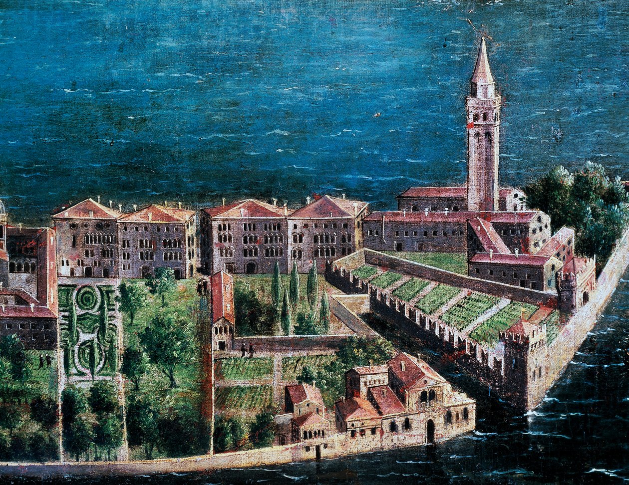 Puutarha Vapahtajan kirkon vieressä, yksityiskohta Venetsian lintuperspektiivistä, venetsialaisen koulun maalaus, Italia tekijältä Venetian School