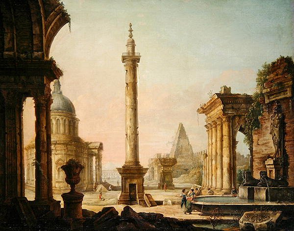 Kuvitteellinen näkymä pylväsmonumentilla (öljy kankaalle) tekijältä Venetian School