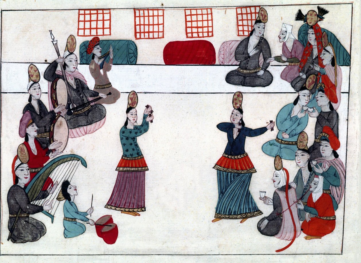 Muusikot ja tanssijat Ottomaanien valtakunnan aikana. Miniatyyri ""Turkkilaisista muistomerkeistä"" (codex Cicogna 1971 "Memorie Turchesche") Akvarelli 1600-luvun venetsialaisesta koulukunnasta. tekijältä Venetian School