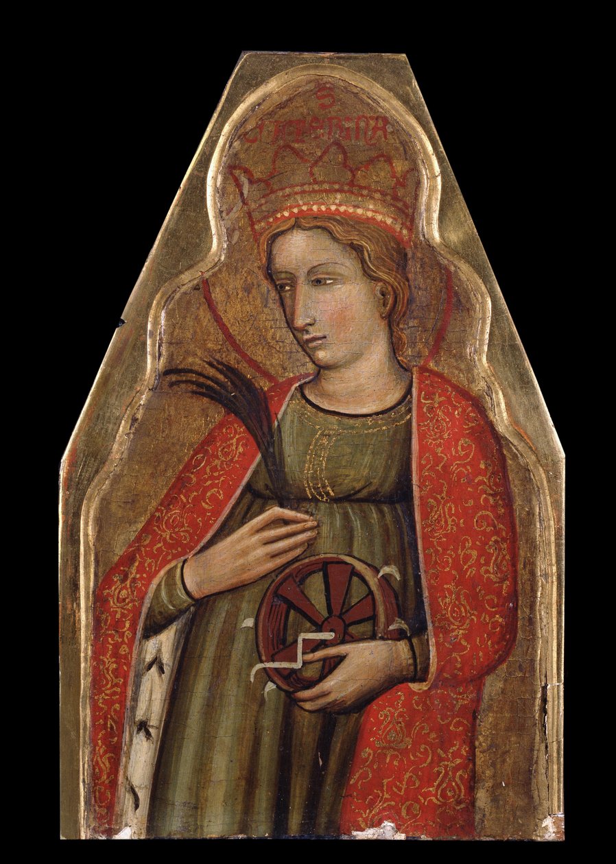 Pyhä Katariina Aleksandrialainen (Pyhä Katariina). Venetsialaisen mestarin maalaus. Tempera puulla, 26 x 16,5 cm, 1300-luvun toinen puoli. Venetsialaista taidetta, italialaista goottilaista taidetta. Yksityinen kokoelma. tekijältä Venetian School