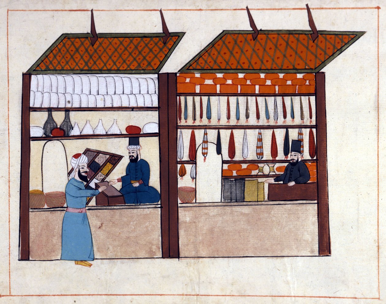 Kaupat (maustekauppias) Konstantinopolissa, Turkissa Ottomaanien valtakunnan alaisuudessa. Miniatyyri ""Turkkilaisista muistomerkeistä"" (codex Cicogna 1971 "Memorie Turchesche") Akvarelli 1600-luvun venetsialaisesta koulukunnasta. tekijältä Venetian School
