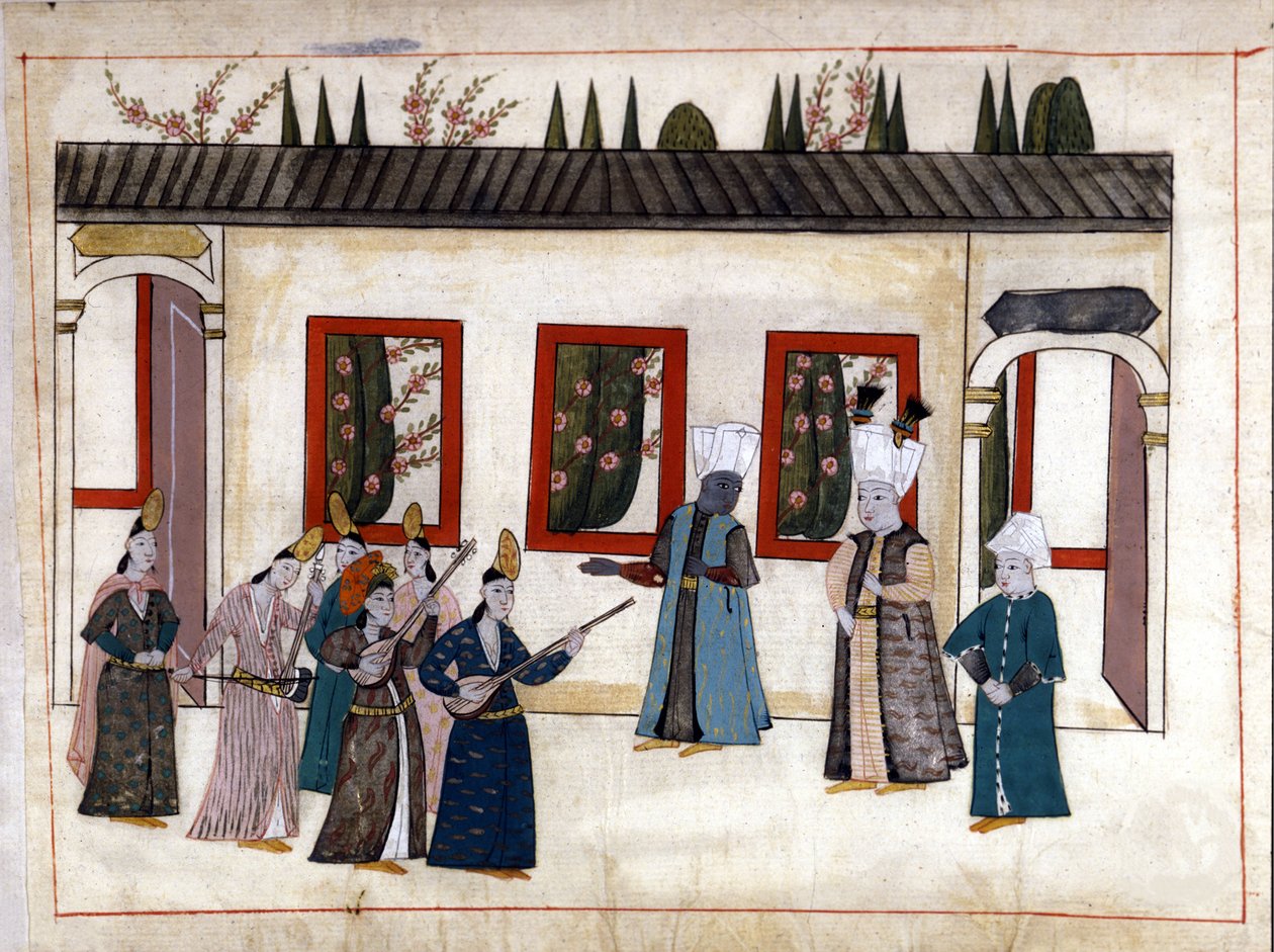 Sulttaani vierailee suosikin luona eunukkien äidin ja päällikön kanssa. Miniatyyri ""Turkkilaisista muistomerkeistä"" (codex Cicogna 1971 "Memorie Turchesche") Akvarelli 1600-luvun venetsialaisesta koulukunnasta. tekijältä Venetian School