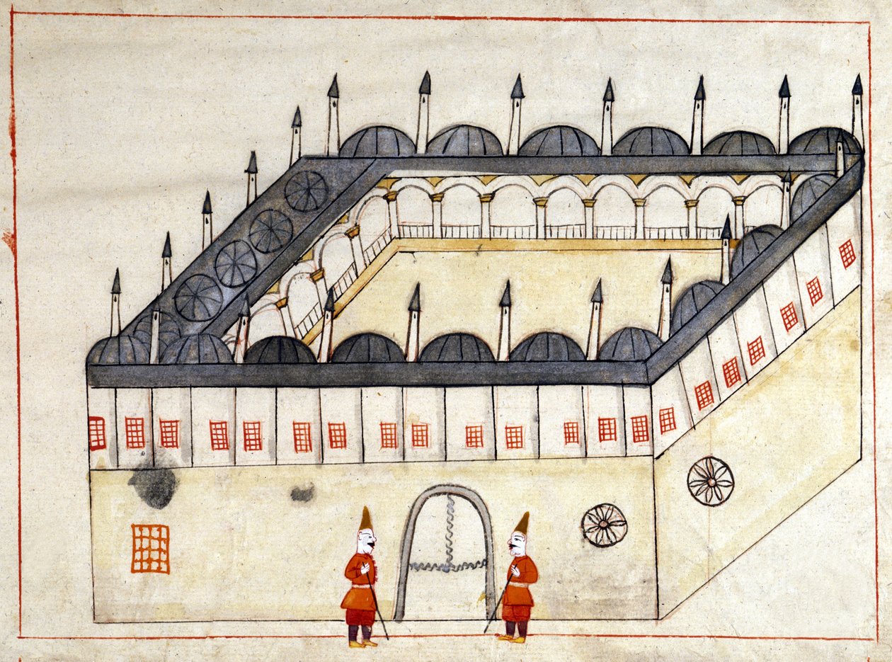 Näkymä asuntovaunun ulkopuolelta Andrinopolissa (nykyisin Edirne) Turkissa Ottomaanien valtakunnan alaisuudessa. Miniatyyri ""Turkkilaisista muistomerkeistä"" (codex Cicogna 1971 "Memorie Turchesche") Akvarelli 1600-luvun venetsialaisesta koulukunnasta. tekijältä Venetian School