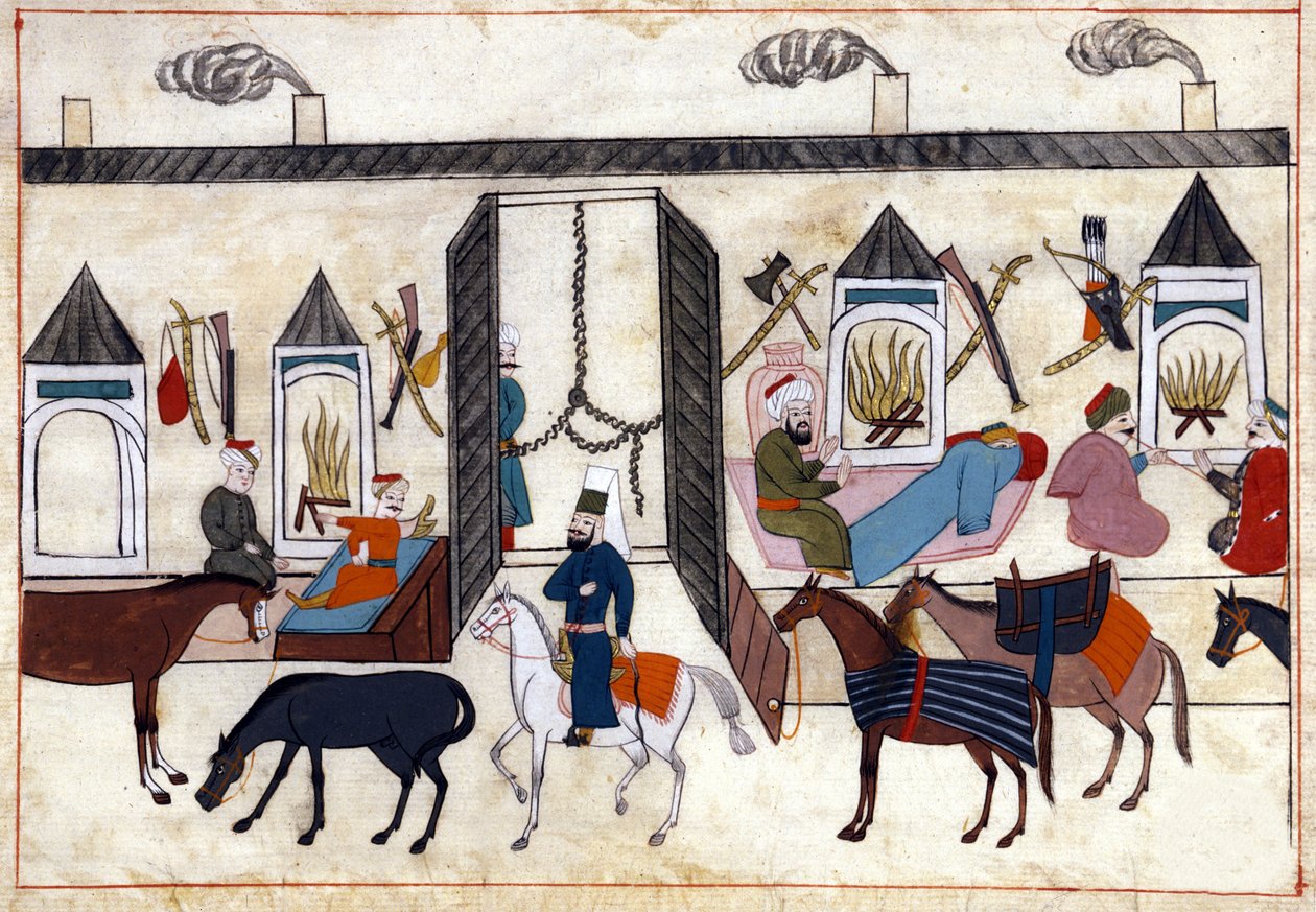 Näkymä asuntovaunun sisätiloista Turkissa ottomaanien valtakunnan alla. Miniatyyri ""Turkkilaisista muistomerkeistä"" (codex Cicogna 1971 "Memorie Turchesche") Akvarelli 1600-luvun venetsialaisesta koulukunnasta. tekijältä Venetian School