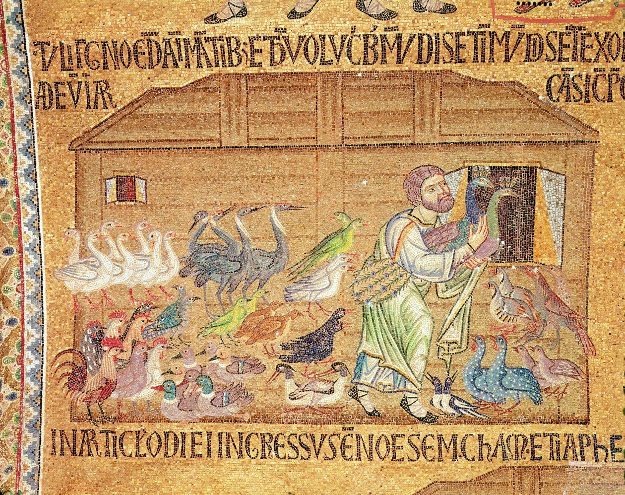 Vedenpaisumus atriumista, yksityiskohta Nooasta, joka laittaa lintuja arkille (mosaiikki) tekijältä Byzantine School