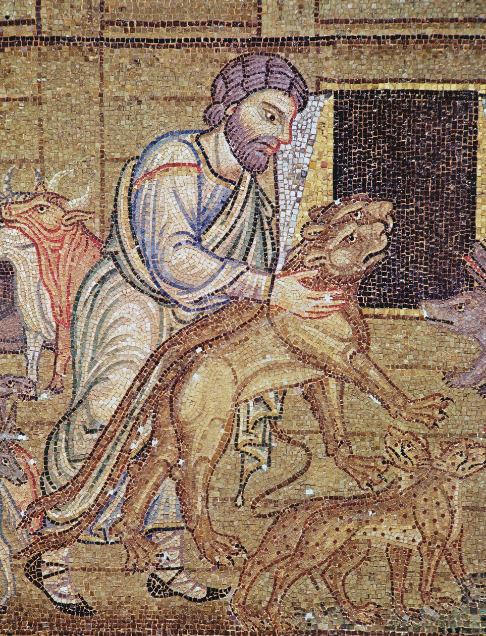 Vedenpaisumus atriumista, yksityiskohta Nooasta, joka laittaa villieläimiä arkkiin (mosaiikki) (yksityiskohta 249414) tekijältä Byzantine School