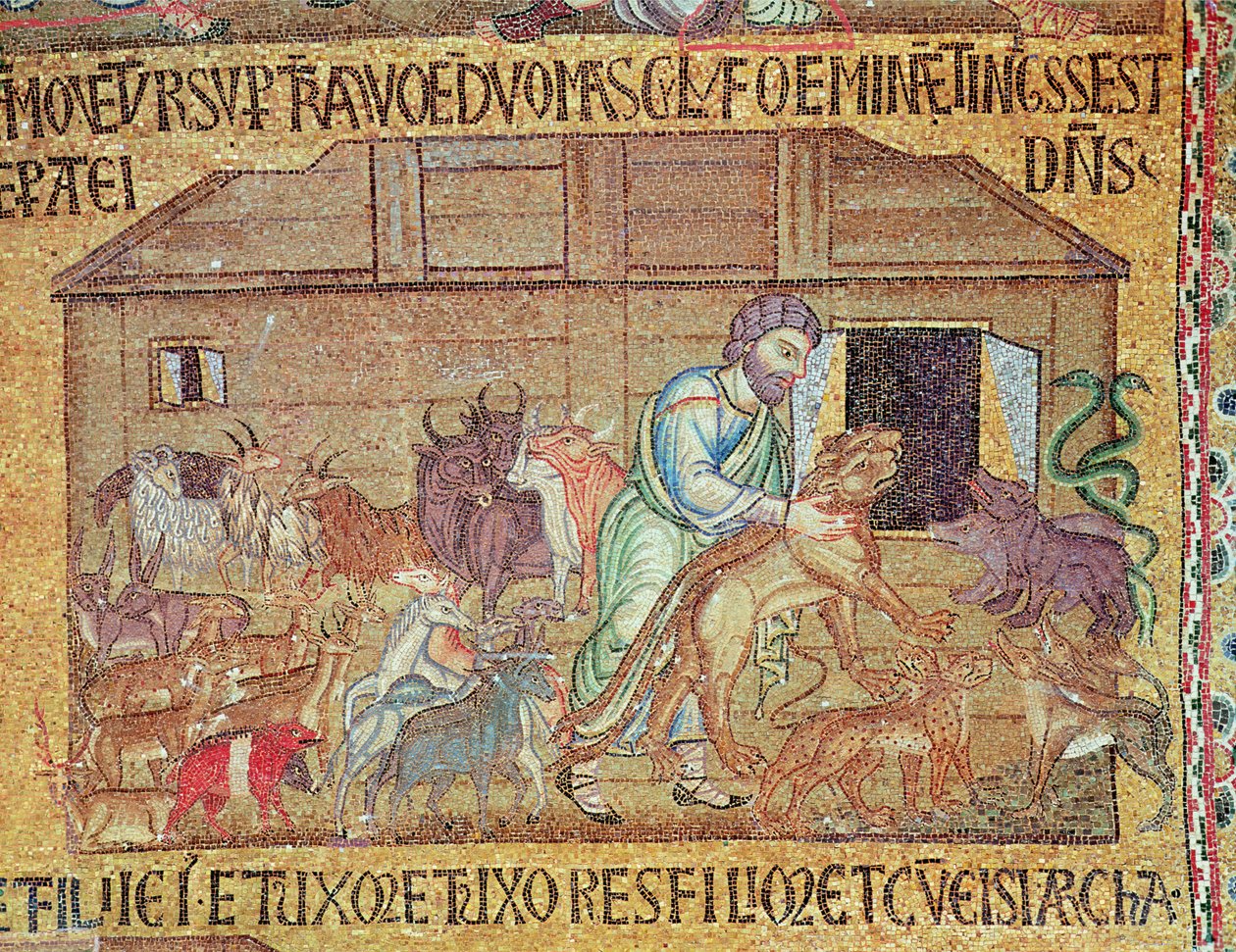 Vedenpaisumus atriumista, yksityiskohta Nooasta, joka laittaa villieläimiä arkille (mosaiikki) tekijältä Byzantine School
