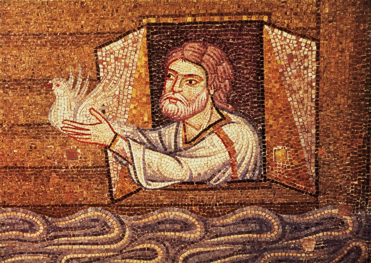 Vedenpaisumus, Atriumista, yksityiskohta Nooasta vapauttamassa valkoista kyyhkyä (mosaiikki). tekijältä Byzantine School