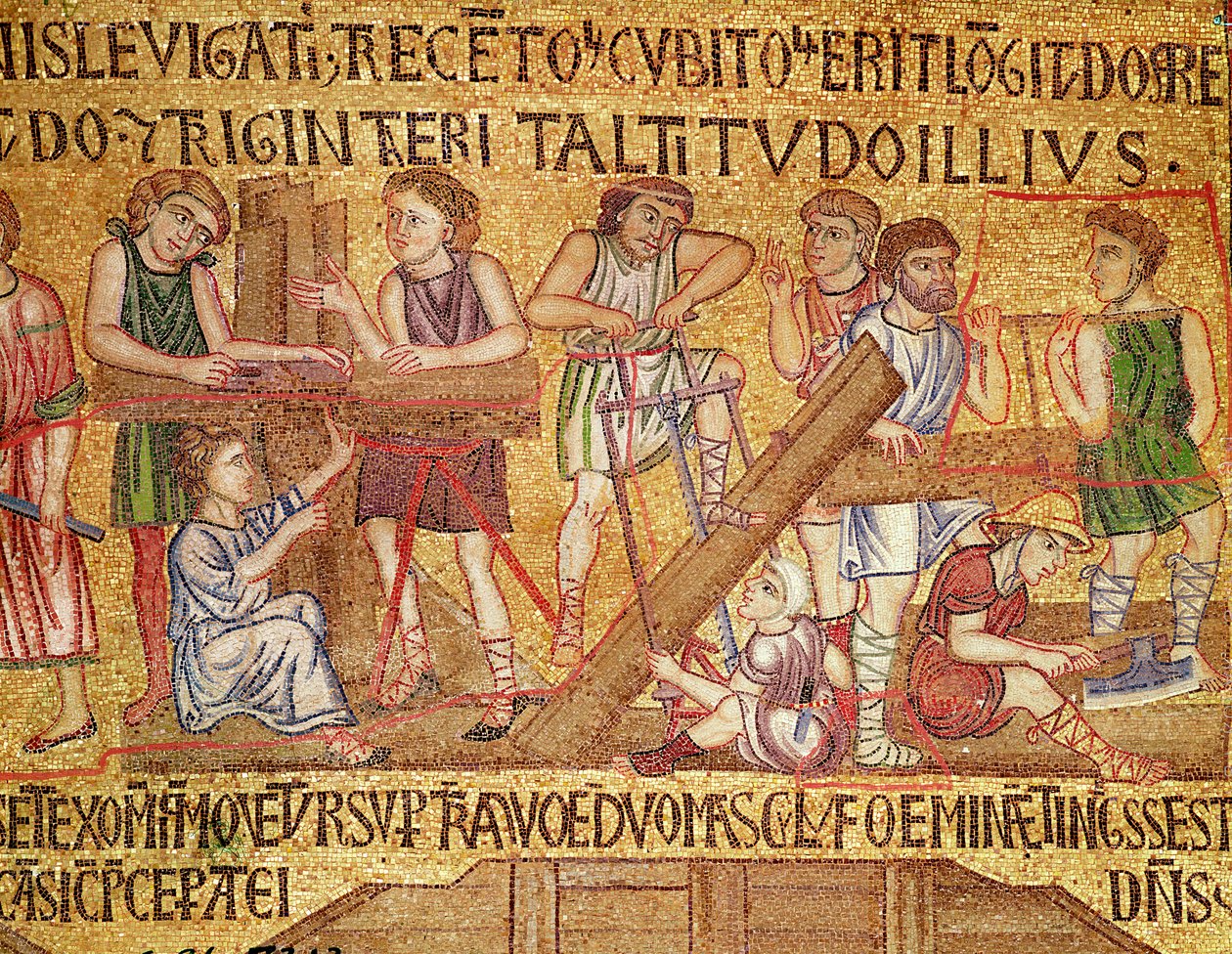 Vedenpaisumus, atriumista, yksityiskohta arkin rakentamisesta (mosaiikki). tekijältä Byzantine School