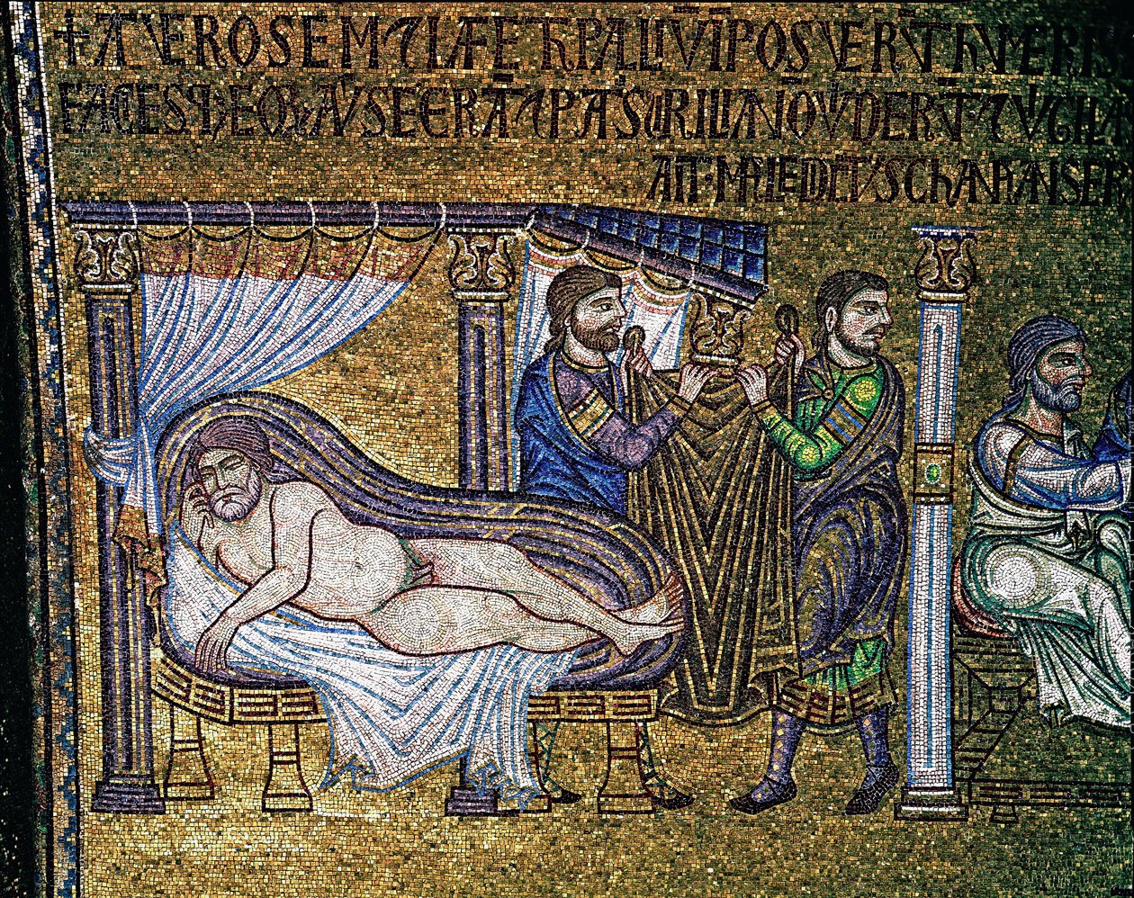 Bysanttilainen arkkitehtuuri: "Noen juopuminen"" -mosaiikki venetsialaisten taiteilijoiden tekemä 1200-luvun Basilica di San Marco tekijältä Veneto Byzantine School