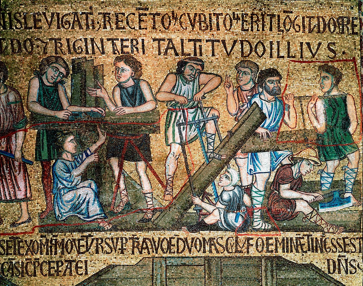 Bysanttilainen arkkitehtuuri: "" Baabelin tornin rakentaminen"" Työmailla työläiset ja puusepät sahasivat lautoja. Venetsialaisten taiteilijoiden tekemä mosaiikki 1200-luvun Basilica di San Marco tekijältä Veneto Byzantine School