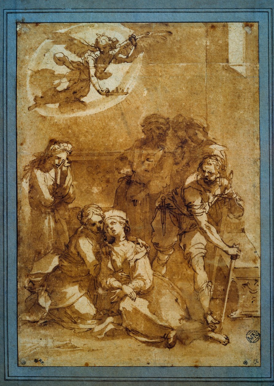 Pyhän Cecilen kuolema Valmistelupiirros ruskealla musteella Santa Cecilialle (Pisa), kirjoittanut Ventura di Arcangelo Salimbeni dit Bevilacqua (1568-1613) Sun. 0,25 x 0,17 m. Pariisi, Louvre-museo tekijältä Ventura di Arcangelo Salimbeni