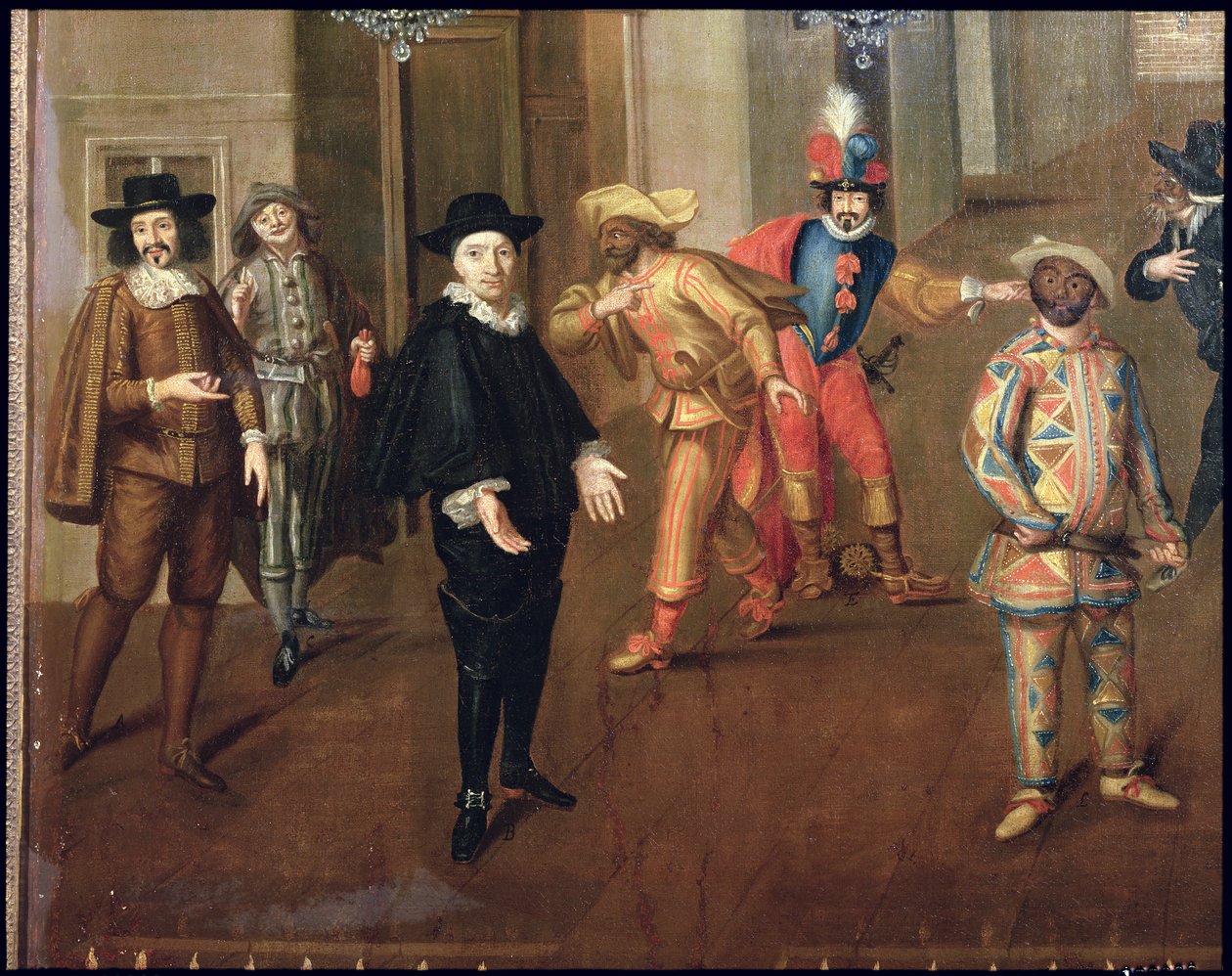 Italialaiset ja ranskalaiset koomikot leikkivät farsseissa, 1670 (yksityiskohta) (katso myös 155316) tekijältä Verio