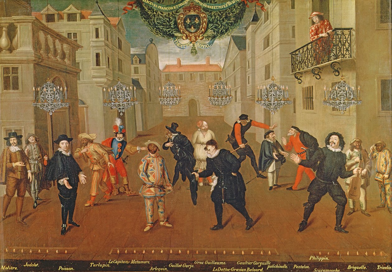 Italialaiset ja ranskalaiset koomikot soittamassa farsseissa, 1670 tekijältä Verio