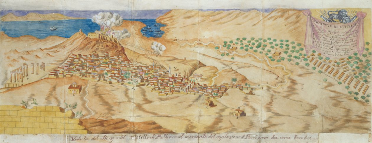 Parthenonin pommitus 26. syyskuuta 1687 tekijältä Verneda Giacomo Milheau