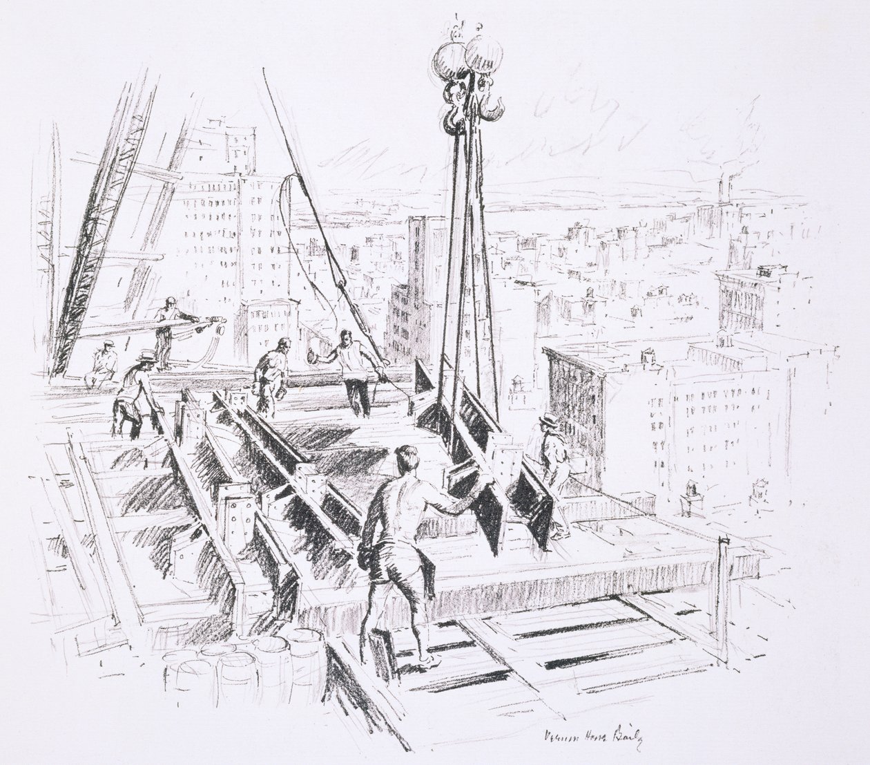 Liikkuvat palkit Empire State Buildingin 25. kerroksessa, julkaisija William Edwin Rudge. tekijältä Vernon Howe Bailey