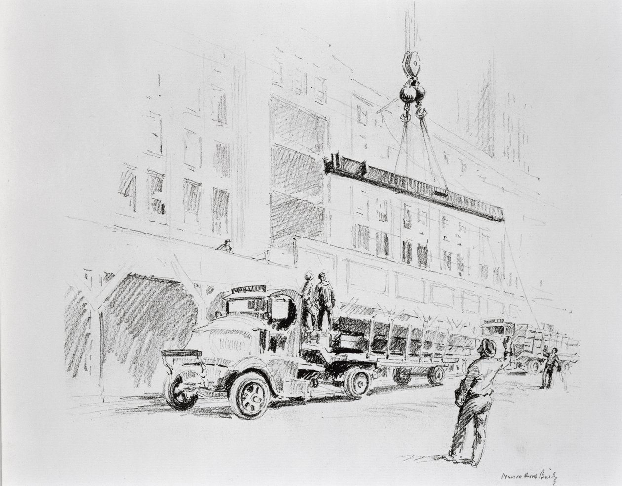 Teräspalkki nostetaan kuorma-autosta, jota käytetään Empire State Buildingin rakentamisessa, julkaisija William Edwin Rudge. tekijältä Vernon Howe Bailey