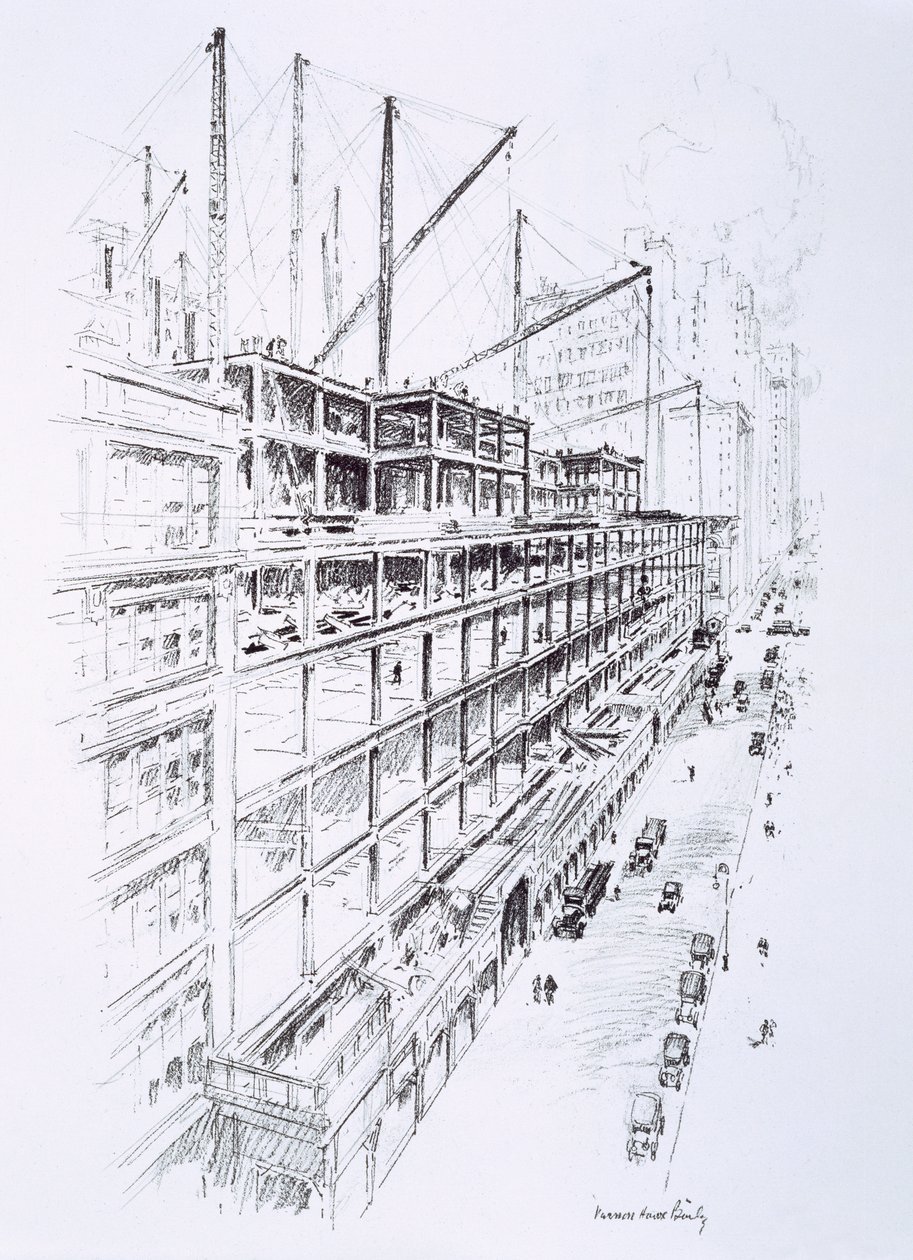 Näkymä Empire State Buildingin 8. kerroksen nostureista, toukokuu 1930, julkaisija William Edwin Rudge. tekijältä Vernon Howe Bailey