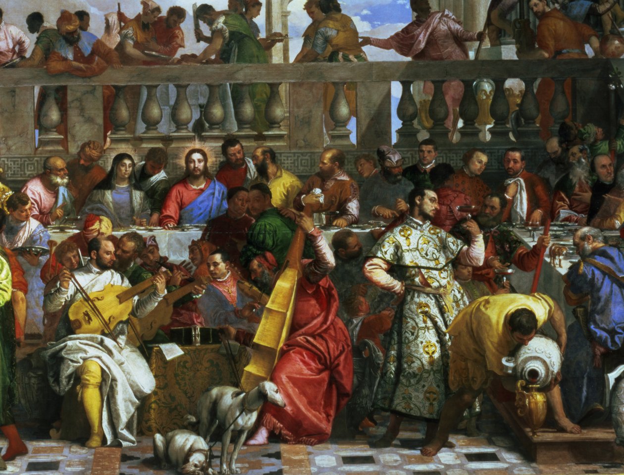 Kaanan hääjuhla, yksityiskohta muusikoista ja koirista, n.1562 öljy kankaalle yksityiskohta kuvasta 94932 tekijältä Paolo Veronese