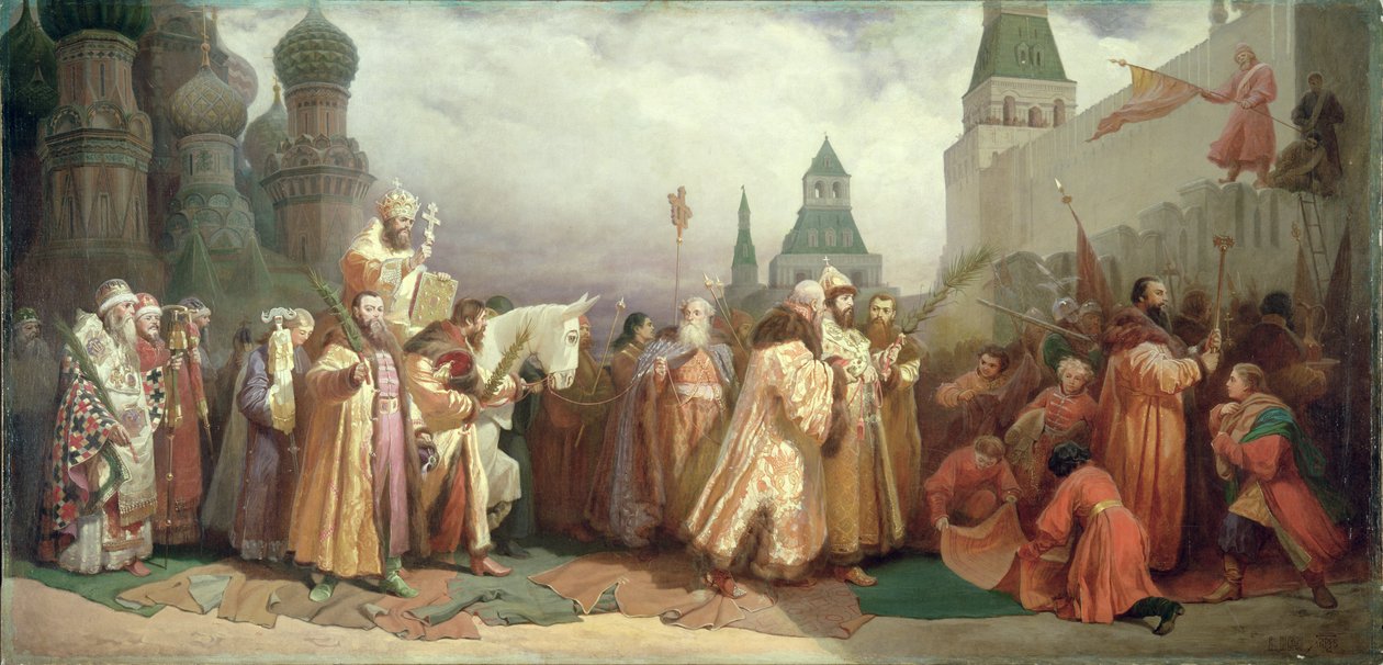 Palmusunnuntain kulkue tsaari Aleksei Romanovin (1629-76) aikana 1868 tekijältä Viatcheslav Grigorievitch Schwarz
